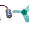 Dynamo Motor For LED - Unleash Power Of DIY Electricity Generator - silver DC motor with red and black wires connected to an LED, alongside a separate three-blade green plastic propeller.