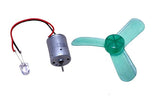 Dynamo Motor For LED - Unleash Power Of DIY Electricity Generator - silver DC motor with red and black wires connected to an LED, alongside a separate three-blade green plastic propeller.