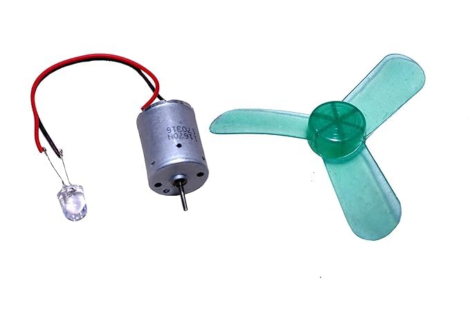 Dynamo Motor For LED - Unleash Power Of DIY Electricity Generator - silver DC motor with red and black wires connected to an LED, alongside a separate three-blade green plastic propeller.