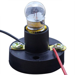 E10 Mini Bulb Holder DIY Physical Circuit Electrical Experiment Lighting Accessories Screw Type Light Socket Mounting Bracket Round Lamp Base - with a clear screw-type bulb inserted into a black round plastic base featuring two metal screw terminals with red and black wires.
