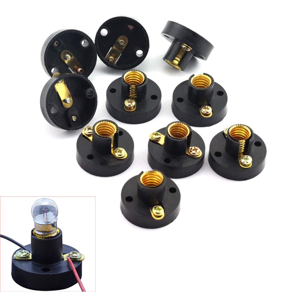 E10 Mini Bulb Holder DIY Physical Circuit Electrical Experiment Lighting Accessories Screw Type Light Socket Mounting Bracket Round Lamp Base - collection of black, round plastic screw-type lamp sockets with brass contacts and a small bulb inserted in one base.