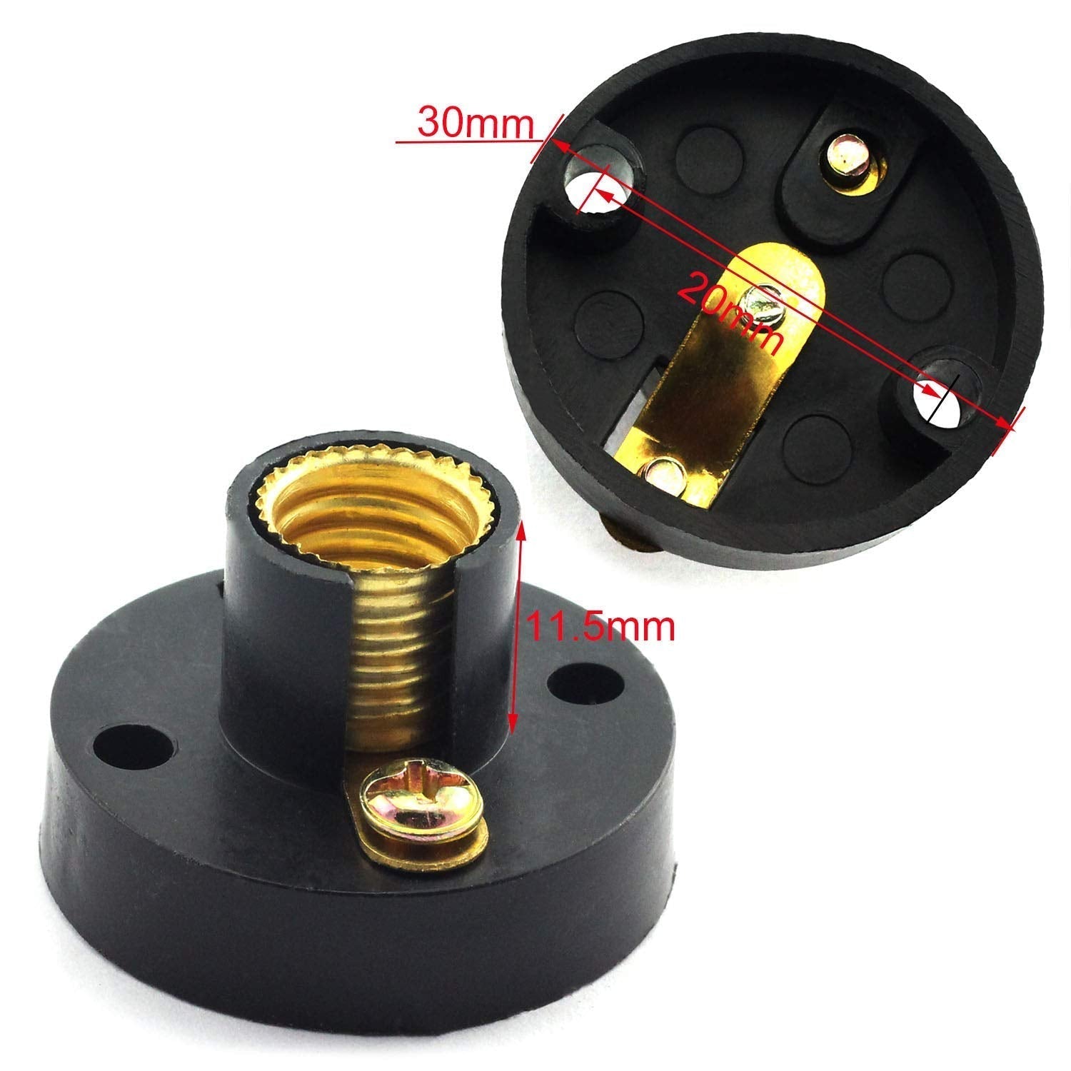 E10 Mini Bulb Holder DIY Physical Circuit Electrical Experiment Lighting Accessories Screw Type Light Socket Mounting Bracket Round Lamp Base - shown as two black, round screw-type lamp bases with brass sockets and red dimension lines indicating 30mm, 20mm, and 11.5mm sizes.