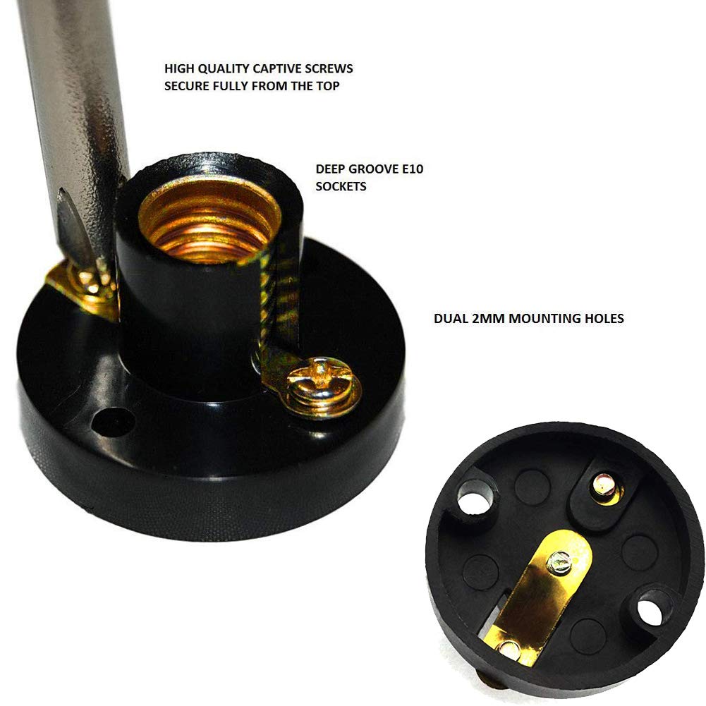 E10 Mini Bulb Holder DIY Physical Circuit Electrical Experiment Lighting Accessories Screw Type Light Socket Mounting Bracket Round Lamp Base - a black round base with a gold-coloured screw socket, captive mounting screws, and a view of the underside with metal tabs.