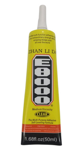 E8000 White Glue 50ML - a yellow tube of multi-purpose adhesive with a white nozzle, labeled with black text and the product name in a vertical black box.