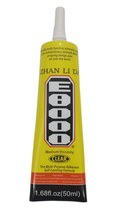 E8000 White Glue 50ML - a yellow tube of multi-purpose adhesive with a white nozzle, labeled with black text and the product name in a vertical black box.