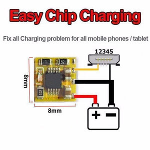 Easy Chip Charge IC Chip Board Module Solve Charging Problem For Mobile Repairing - shown in a diagram with 8mm dimensions, a five-pin connector, and wiring connections to a battery symbol.