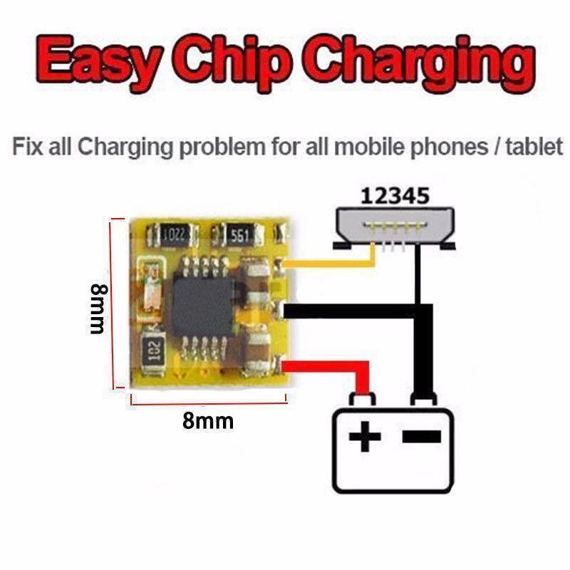Easy Chip Charge IC Chip Board Module Solve Charging Problem For Mobile Repairing - shown in a diagram with 8mm dimensions, a five-pin connector, and wiring connections to a battery symbol.