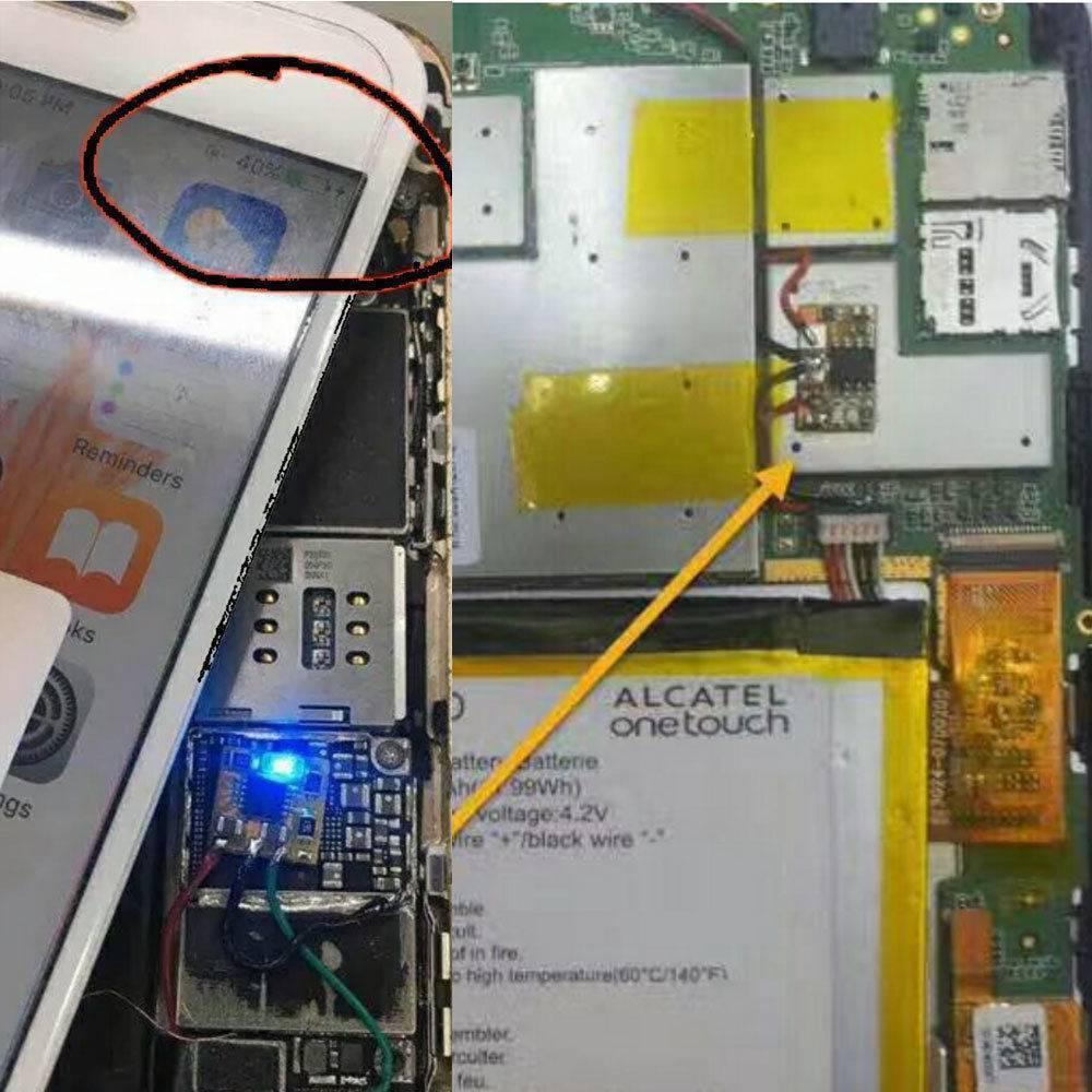 Easy Chip Charge IC Chip Board Module Solve Charging Problem For Mobile Repairing - shown as a small circuit board with a blue LED indicator installed inside an open mobile phone displaying 40% charge.