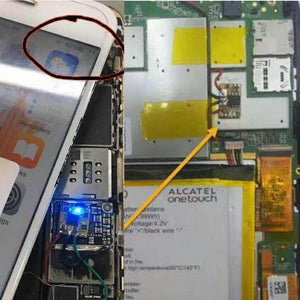 Easy Chip Charge IC Chip Board Module Solve Charging Problem For Mobile Repairing - shown as a small circuit board with a blue LED indicator installed inside an open mobile phone displaying 40% charge.