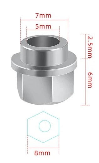 Eccentric Sleeve Type A 8X6 Spacer Eccentric for structural profile under V-slot OpenBuilds 6 mm engraved - a silver hexagonal metal spacer shown in a technical diagram with red dimension lines indicating its measurements.