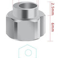 Eccentric Sleeve Type B 10 X 6 Spacer Eccentric For Structural Profile Under V-Slot OpenBuilds - a silver metal hexagonal spacer shown with red dimension lines and labels indicating its size and shape.