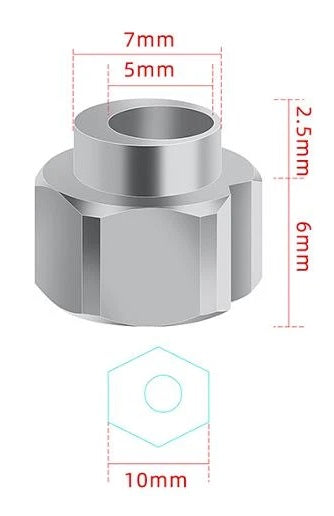 Eccentric Sleeve Type B 10 X 6 Spacer Eccentric For Structural Profile Under V-Slot OpenBuilds - a silver metal hexagonal spacer shown with red dimension lines and labels indicating its size and shape.