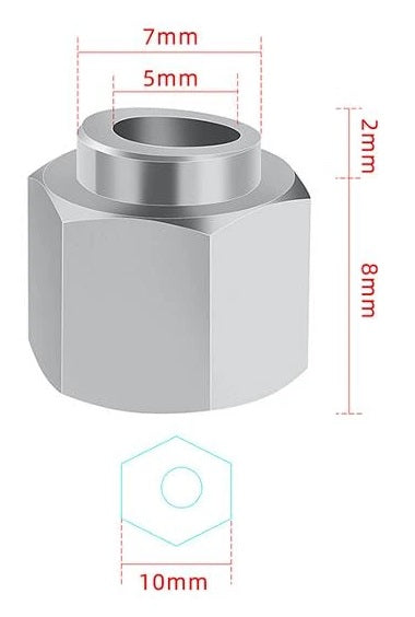 Eccentric Sleeve Type c 10 X 8 Spacer Eccentric For Structural Profile Under V-Slot OpenBuilds (Copy) - a silver hexagonal metal spacer with a cylindrical top, shown in a technical dimension diagram with measurements.