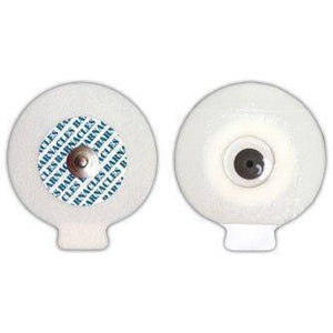 Ecg Electrodes With Metal Snap And Low Impedance Solid Medical Conductive Gel - two circular white adhesive pads with a central metallic snap connector on one and a conductive gel center on the other.