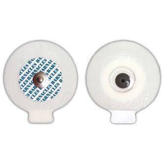 Ecg Electrodes With Metal Snap And Low Impedance Solid Medical Conductive Gel - two circular white adhesive pads with a central metallic snap connector on one and a conductive gel center on the other.