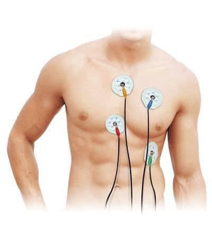 Ecg Electrodes With Metal Snap And Low Impedance Solid Medical Conductive Gel - shown applied to a human chest with four circular adhesive pads connected by colored wires.