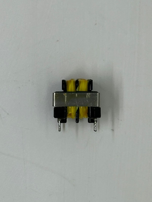 EE16 Pulse Transformer LFU10H-203U 0.45A - a small electronic component with a black plastic frame, yellow wrapped coils, and two metal pins.