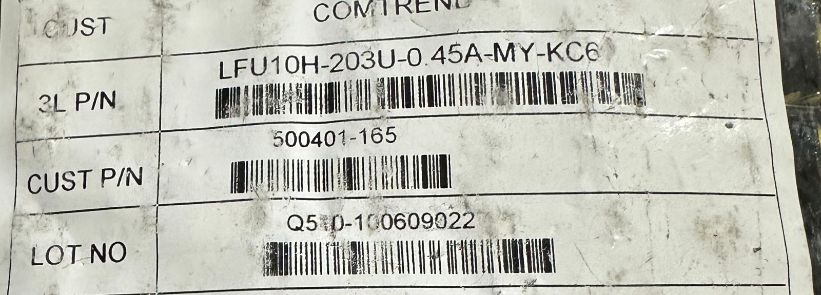 EE16 Pulse Transformer LFU10H-203U 0.45A - shown in a close-up of a white product label featuring barcodes and part numbers including 500401-165.