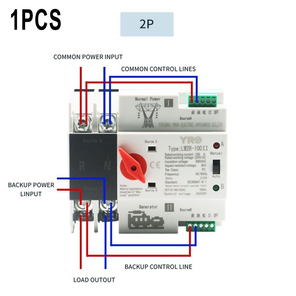 Efficient 125A Dual Power Automatic Transfer Switch for Generator Power Supply - a wiring diagram with red and blue lines connecting power inputs and control terminals.