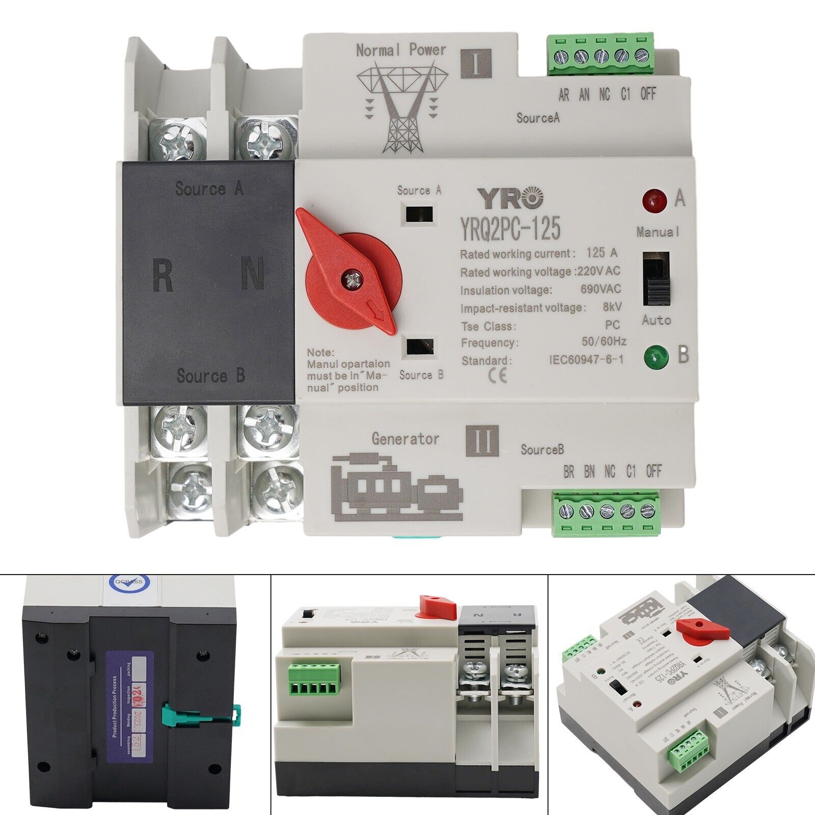 Efficient 125A Dual Power Automatic Transfer Switch for Generator Power Supply - a grey and white body, a red manual switch, terminal blocks, and status indicator lights.