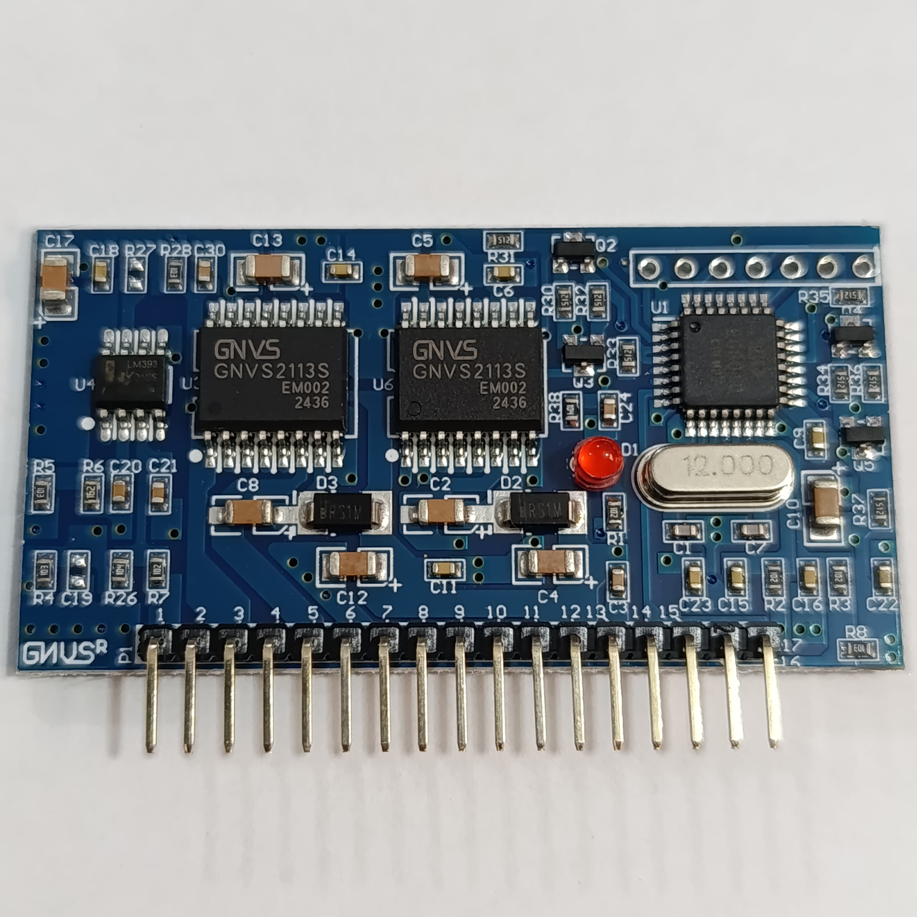 EGS002 EG8010 IR2113 DC To AC Spwm Pure Sine Wave Inverter Module - a blue rectangular circuit board with a 17-pin header, two chips, and a crystal oscillator.