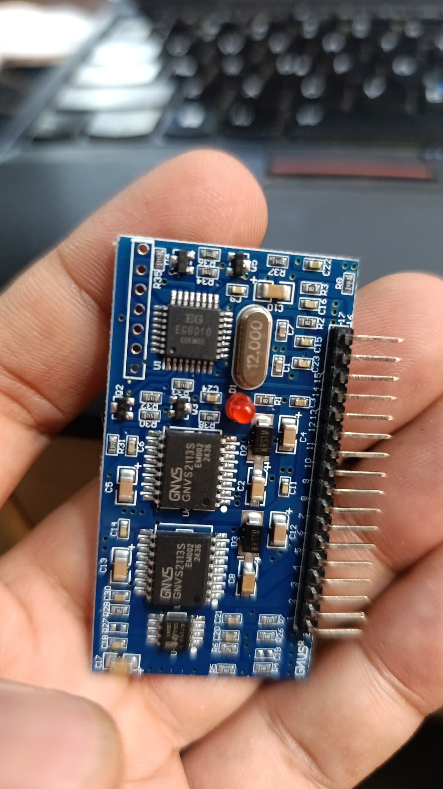 EGS002 EG8010 IR2113 DC To AC Spwm Pure Sine Wave Inverter Module - the blue circuit board with chips, a crystal, and pin headers.