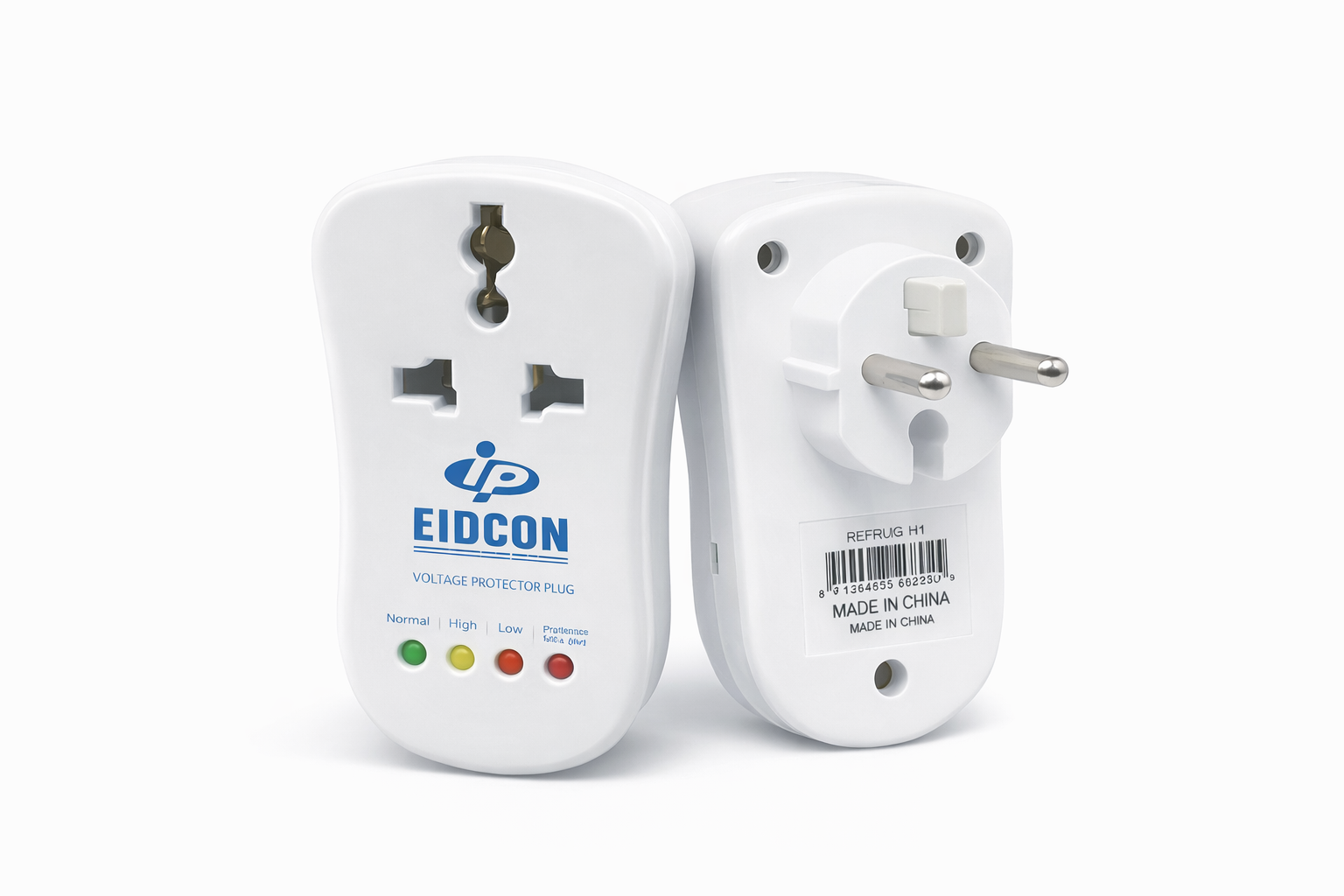 Eidcon Voltage Protector Plug – For Tv, LCD &amp; Refrigerator - two white units, one displaying a universal socket and four status indicator lights, the other showing a plug base.