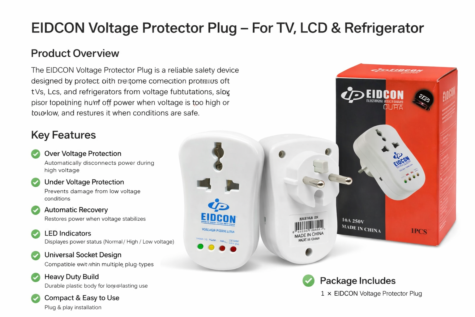Eidcon Voltage Protector Plug – For Tv, LCD &amp; Refrigerator - shown with two white units, one displaying four LED indicators, and its red and black retail packaging box.