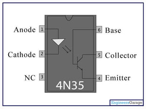EL4N35 4N35 Optocoupler 6 Pin DIP - a technical diagram showing the internal circuitry and pinout labels for the six-pin component.