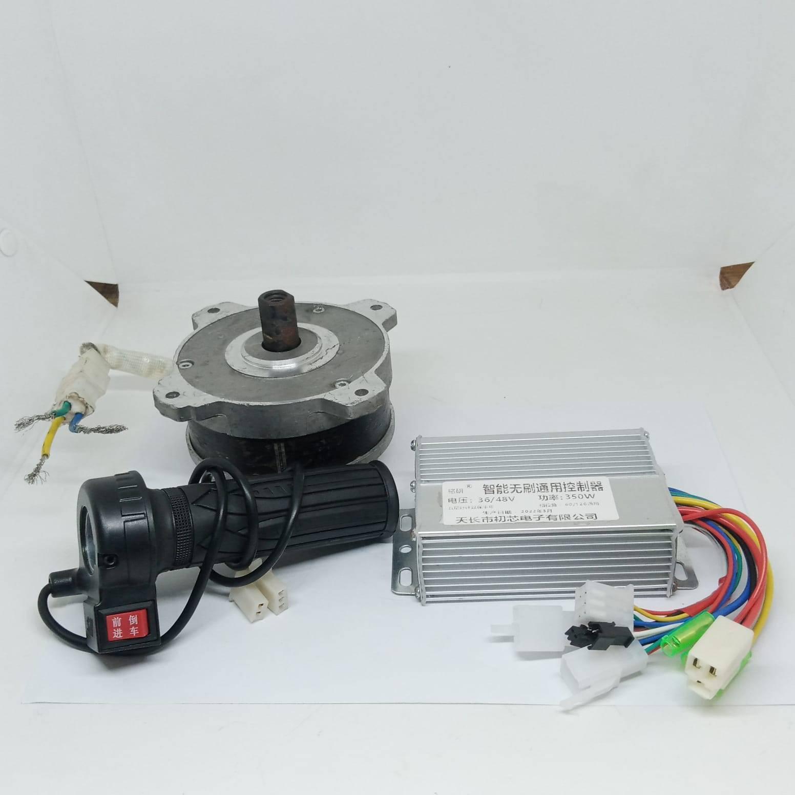 Electric Bike Electric Cycle BLDC Motor Controller And Throttle Handle Accelerator - kit including a silver controller, a black throttle, and a motor.