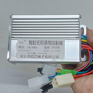 Electric Bike Electric Cycle BLDC Motor Controller And Throttle Handle Accelerator - a silver metal case with a label detailing 36/48V and 350W specifications, featuring attached wire connectors.