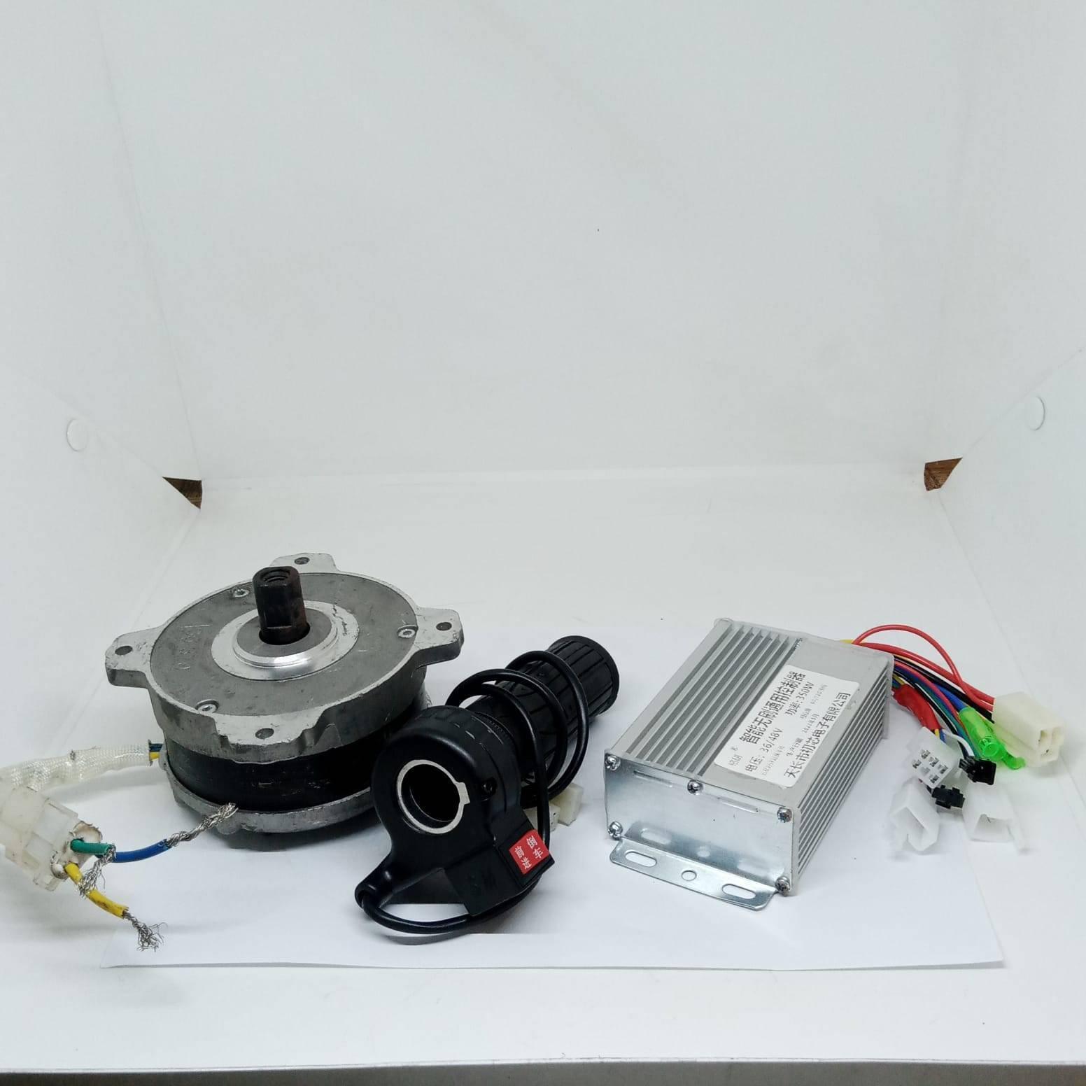 Electric Bike Electric Cycle BLDC Motor Controller And Throttle Handle Accelerator - kit including a silver motor, black throttle, and silver controller.