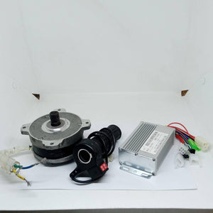 Electric Bike Electric Cycle BLDC Motor Controller And Throttle Handle Accelerator - kit including a silver motor, black throttle, and silver controller.