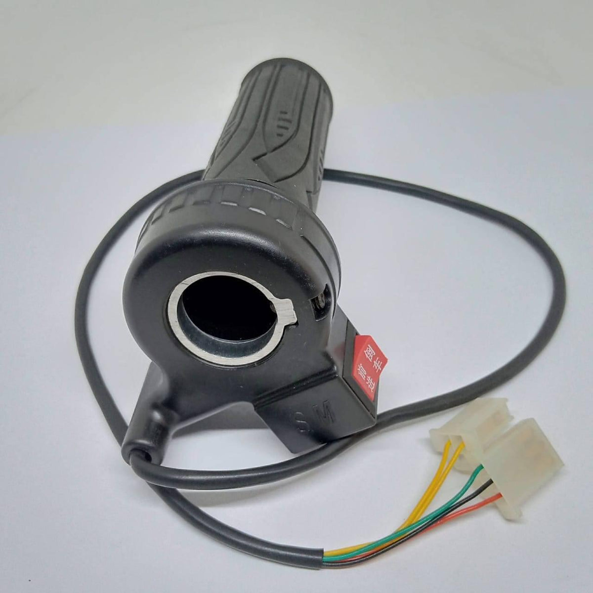 Electric Bike Electric Cycle BLDC Motor Controller And Throttle Handle Accelerator - a black twist-grip throttle with a red button and wiring connectors.