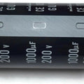 Electrolytic Capacitor 1000uF 200V (1000 mfd 200V) - a black cylindrical capacitor with white text showing its capacity and voltage rating on a white background.