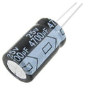 Electrolytic Capacitor 4700uF 25V - a black cylindrical electronic component with two metal leads and white text indicating its specifications.