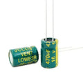Electrolytic capacitor 470uF/16V - shown as two green cylindrical capacitors with two metal leads each, featuring yellow text indicating specifications.