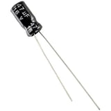 Electrolytic Capacitor 47uF 16V - a black cylindrical electronic component with two long metal wire leads, labeled with "47uF" and "16V".