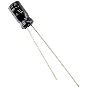 Electrolytic Capacitor 47uF 16V - a black cylindrical electronic component with two long metal wire leads, labeled with "47uF" and "16V".
