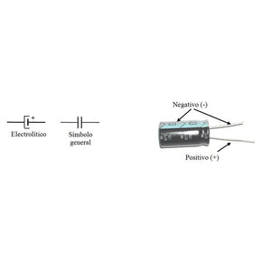Electrolytic Capacitor 47uF 16V - shown with its schematic symbols and a labeled diagram indicating the negative and positive leads of the cylindrical component.