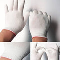 Electronic Anti Static thin Nylon white gloves 13 Nylon Knitted Gloves, For Industrial, Free Size - a pair of white knitted gloves being worn in various hand positions and a close-up of the cuff.