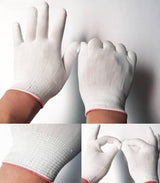Electronic Anti Static thin Nylon white gloves 13 Nylon Knitted Gloves, For Industrial, Free Size - a pair of white knitted gloves being worn in various hand positions and a close-up of the cuff.