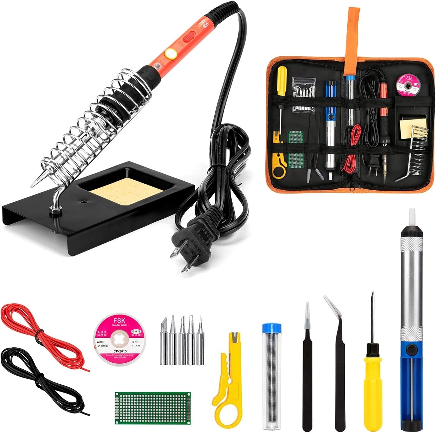 Electronics 60W Soldering Iron Welding Set With Multimeter - Student DIY Kit - a soldering iron on a stand, a tool case, and various repair accessories.