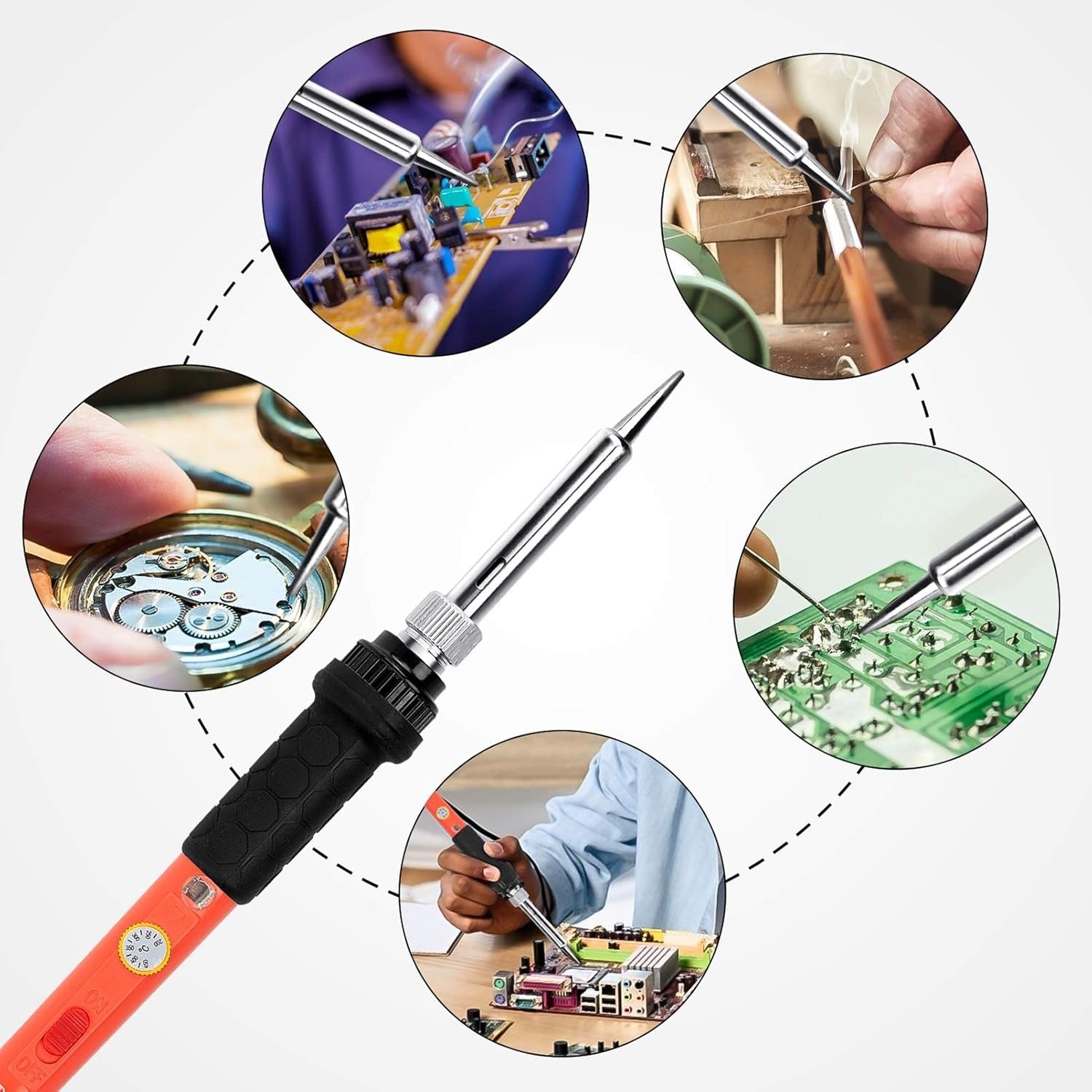 Electronics 60W Soldering Iron Welding Set With Multimeter - Student DIY Kit - with a temperature control dial, shown in multiple close-up application shots.