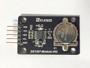 Elegoo DS1307 Module V03 - a black rectangular circuit board with a CR1220 lithium cell battery, a five-pin header, and various surface-mount components.