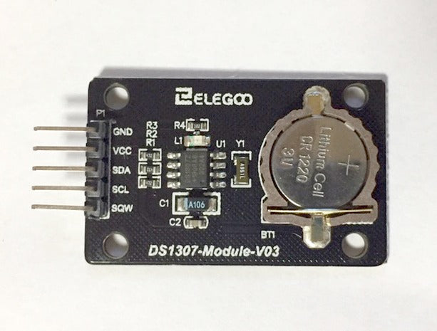 Elegoo DS1307 Module V03 - a black rectangular circuit board with a CR1220 lithium cell battery, a five-pin header, and various surface-mount components.