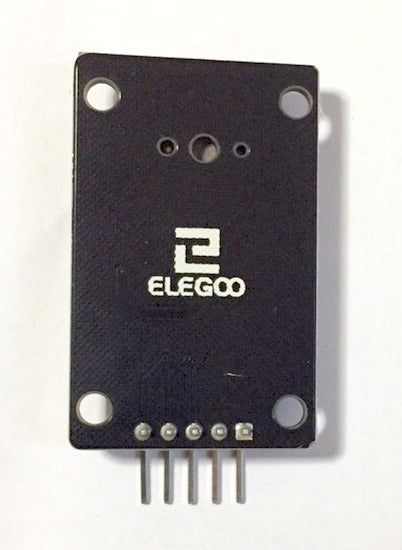Elegoo DS1307 Module V03 - a black rectangular circuit board with four mounting holes and five gold-colored header pins protruding from the bottom.