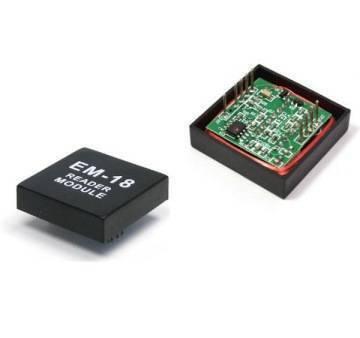 Em-18 EM18 RFID Reader Module - shown as two units, one with a black casing labeled "EM-18 READER MODULE" and one showing the internal green circuit board.