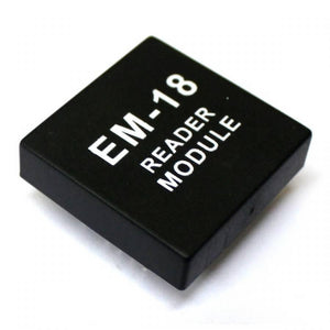 Em-18 EM18 RFID Reader Module - a square, black electronic component with the text "EM-18 READER MODULE" printed in white on its top surface.