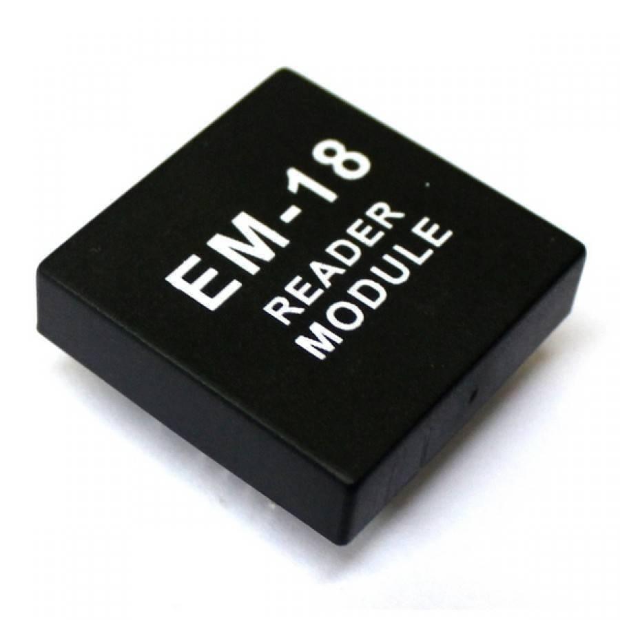 Em-18 EM18 RFID Reader Module - a square, black electronic component with the text "EM-18 READER MODULE" printed in white on its top surface.